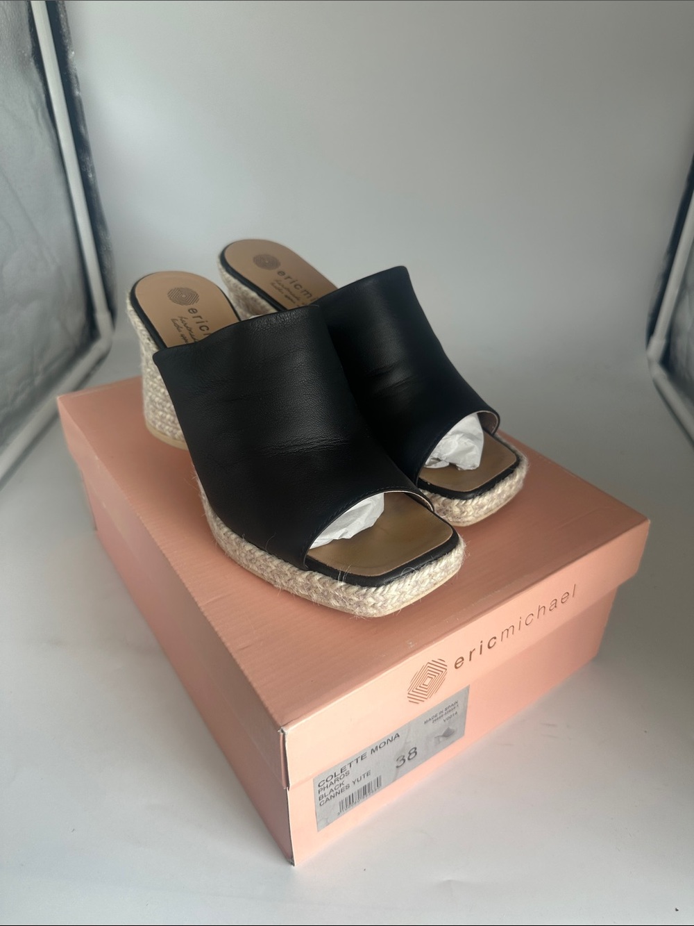 Eric Michael Black Leather Espadrille Platform Mules